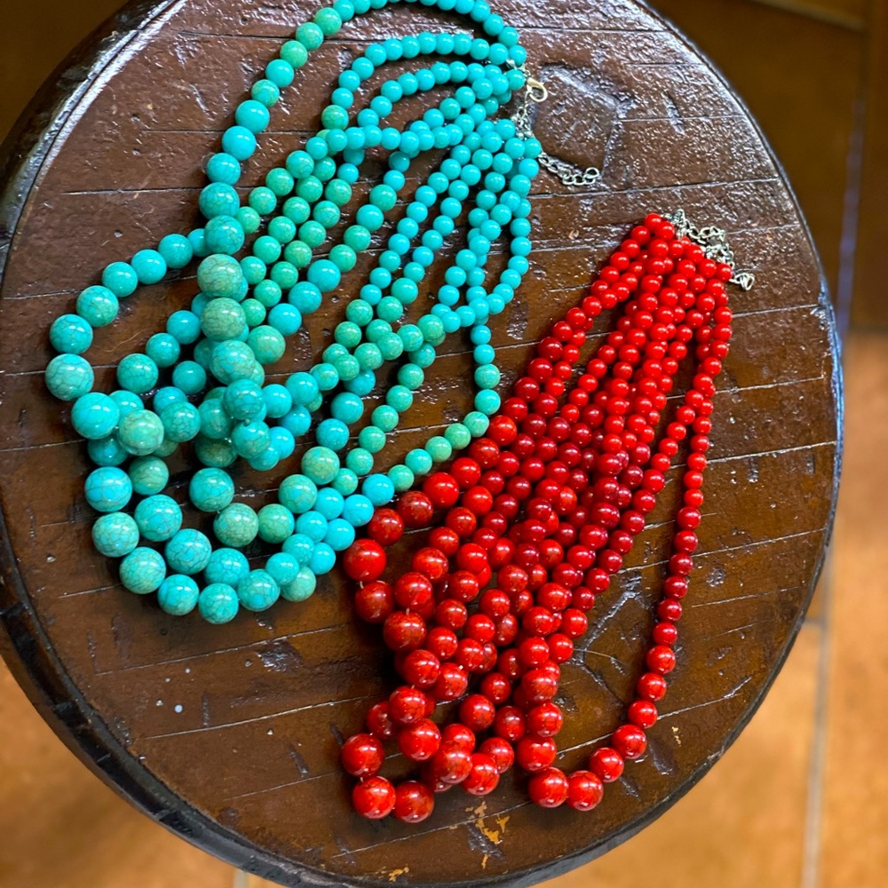 Red and Blue Multi-Strand Costume Necklaces